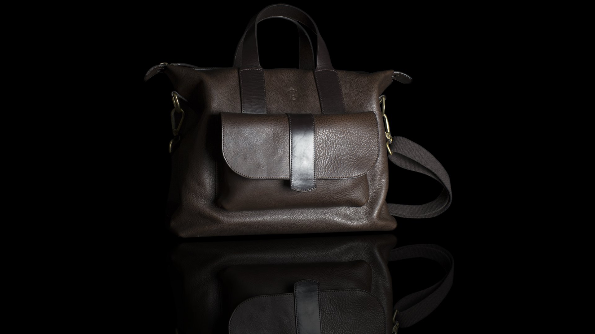 Man leather bag with shoulder strap, dark brown color
